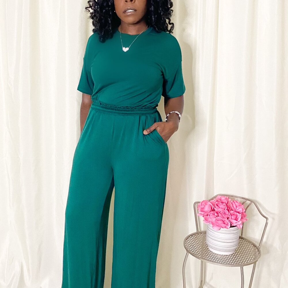 Jersey Knit Short Sleeve Pant Set w/ Pockets - Green